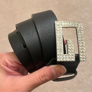 Genuine Leather Elegant Black Belt with Rhinestone Buckle
